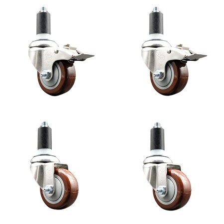 Service Caster 3 Inch 316SS Maroon Poly Swivel 1-1/4 Inch Stem Caster Lock Brake SCC, 2PK SS316TTLEX20S314-PPUB-MRN-2-S-2-114